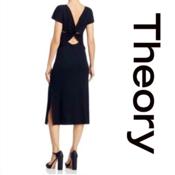 Theory Andrizza Black‎ Cotton Interlock Dress Twisted Back Midi Size Medium - Picture 1 of 12